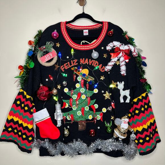 Ugly Christmas Sweater Feliz Navidad LIGHTS UP Tinsel Xmas Party Winner Size XXL - Picture 1 of 5